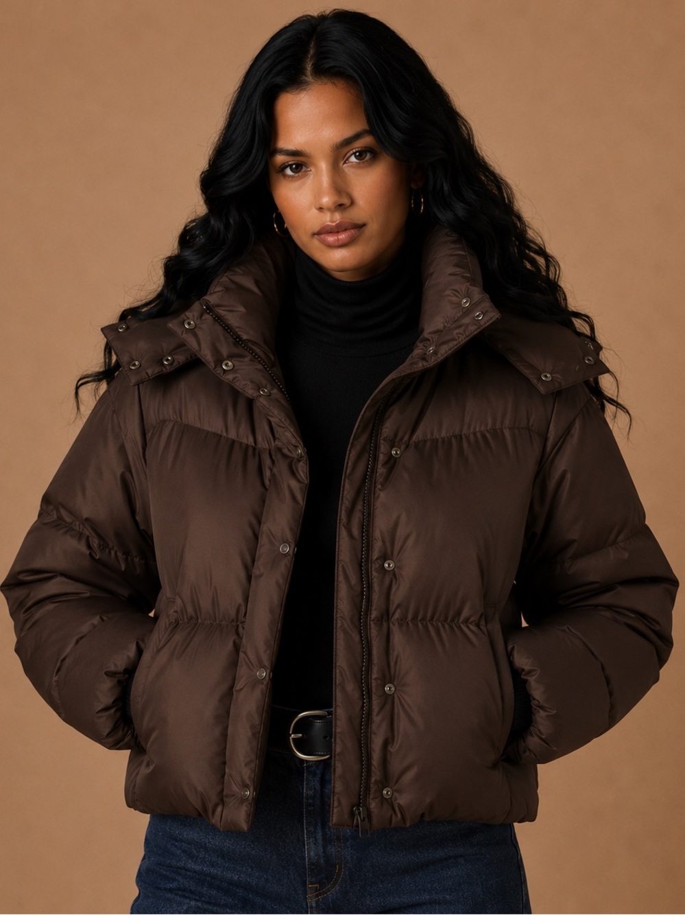 Levi's Hooded Cropped Bubble Puffer Jacket Brown M NWT Streetwear Winter Coat